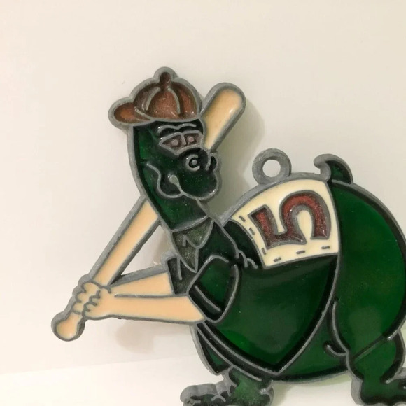 Vtg Dinosaur  Playing Baseball Suncatcher Small Window Hanging - Picture 3 of 12